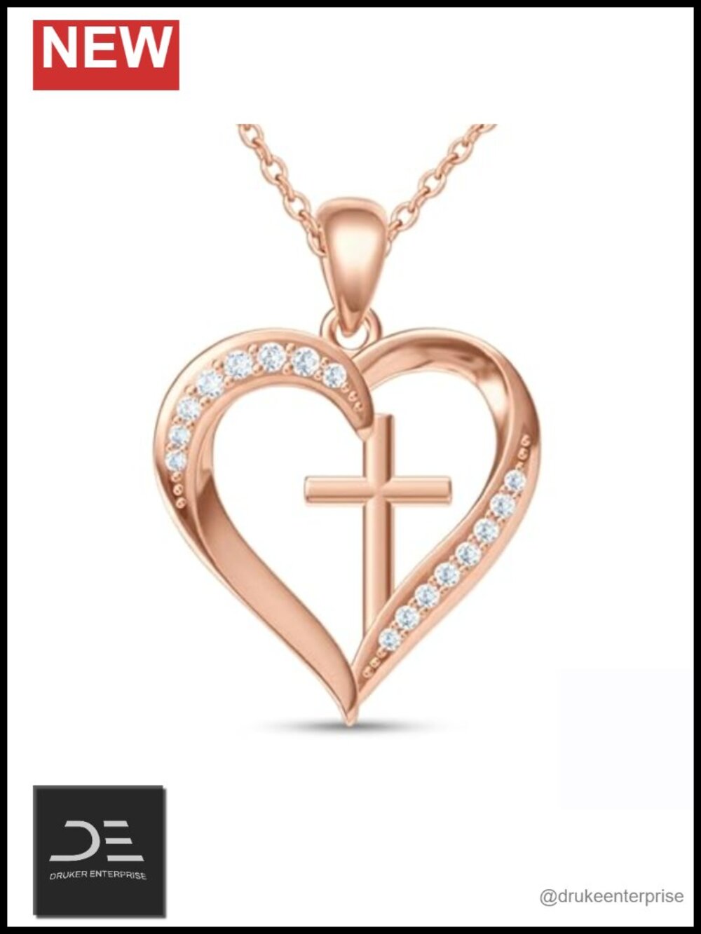 Gold Plated Heart Cross Necklace Christian Faith Pendant Cubic Zirconia
